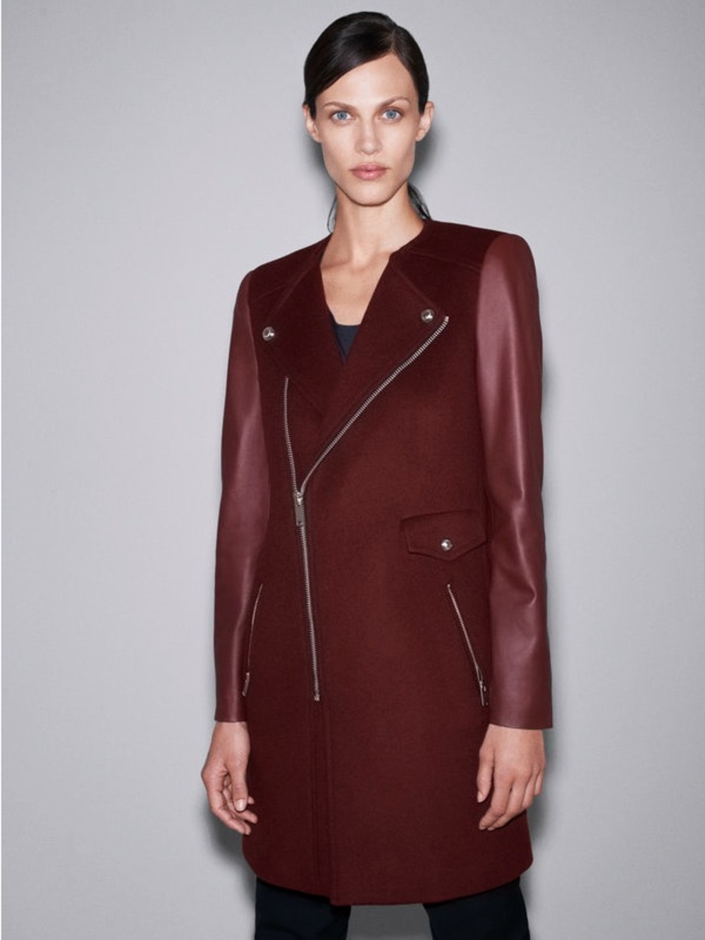 ZARA Wool-Blend Asymmetric Zip Coat in Deep Burgundy NWO Tags